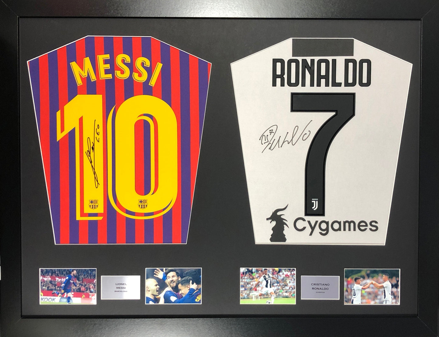 Lionel Messi Barcelona and Cristiano Ronaldo Juventus dual signed Shirt Frame