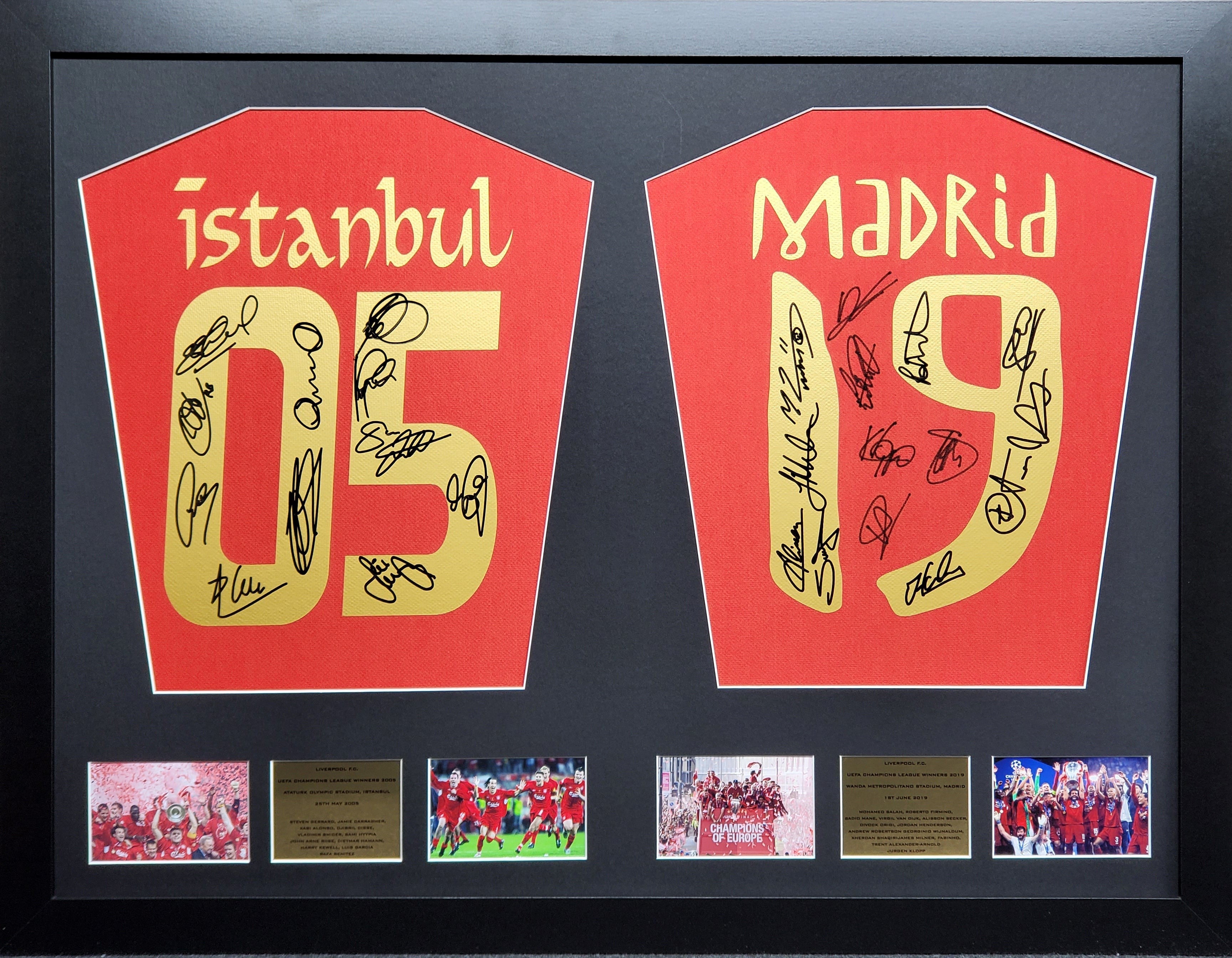 Liverpool Istanbul 05 and Madrid 19 Champ League Machine signed Shirt Frame