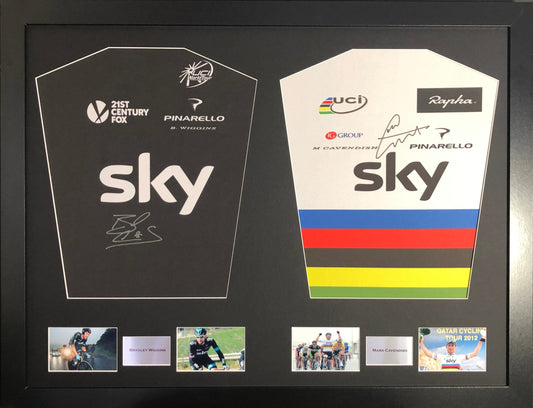 Bradley Wiggins and Mark Cavendish Team Sky and Rainbow signed double jersey display 