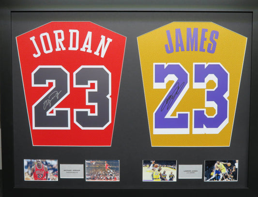 Jordan and James Chicago Bulls and LA Lakers signed Jersey Display 
