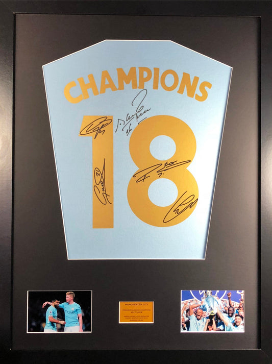 Champions 18 Manchester City aguero, de bruyne, kompany , silva, and sterling Signed Shirt Display 