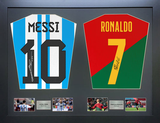Messi and Ronaldo World Cup 22 signed Dual Shirt Frame